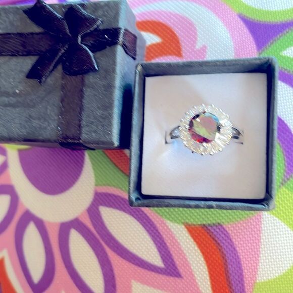 Mystic Topaz Cubic Zirconia Diamond Engagement Ring - Picture 3 of 8